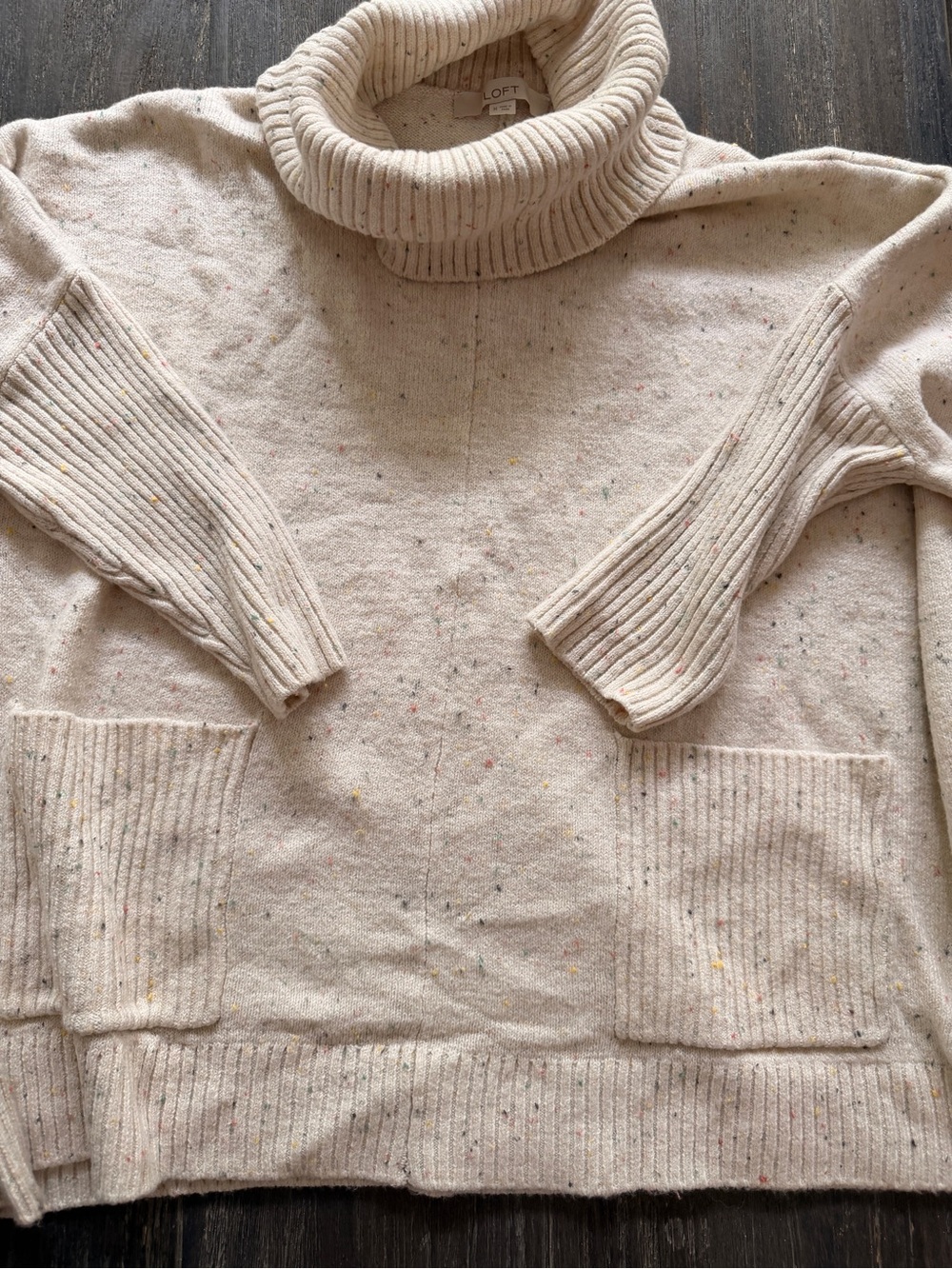 LOFT Cream Speckled Turtleneck Sweater with Front Pockets